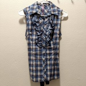 EVENT Collared Plaid Ruffle Front Sleeveless Blouse